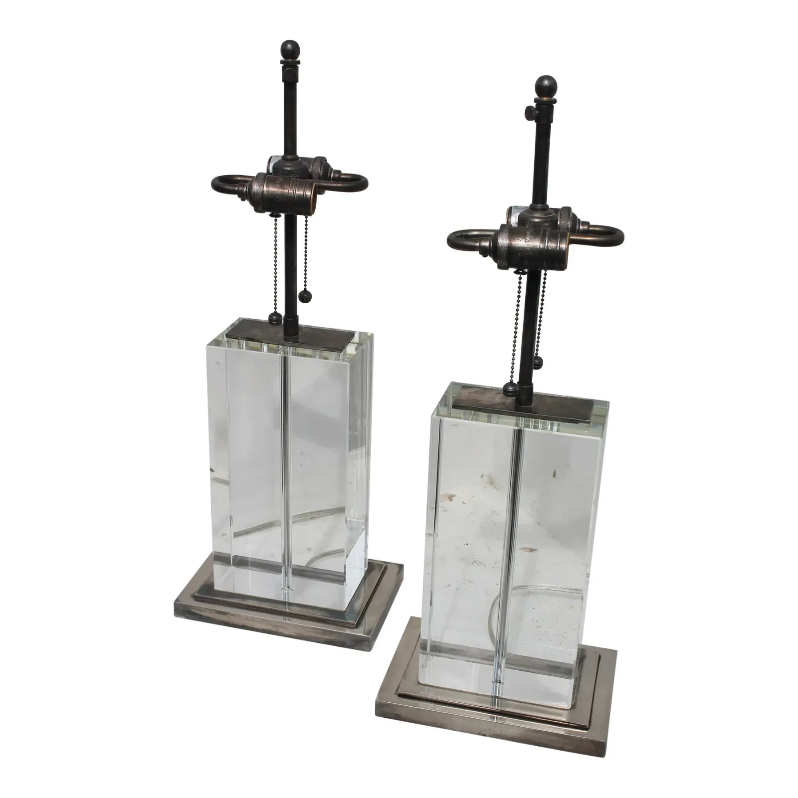 Pair 1960's Italian Modern Solid Glass Block Silver Detailed Heavy Table Lamps