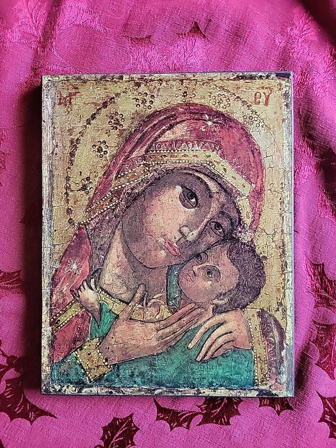 Madonna And Child Religious Wood Icon Plaque Maria Laach Germany Litho Print Vtg