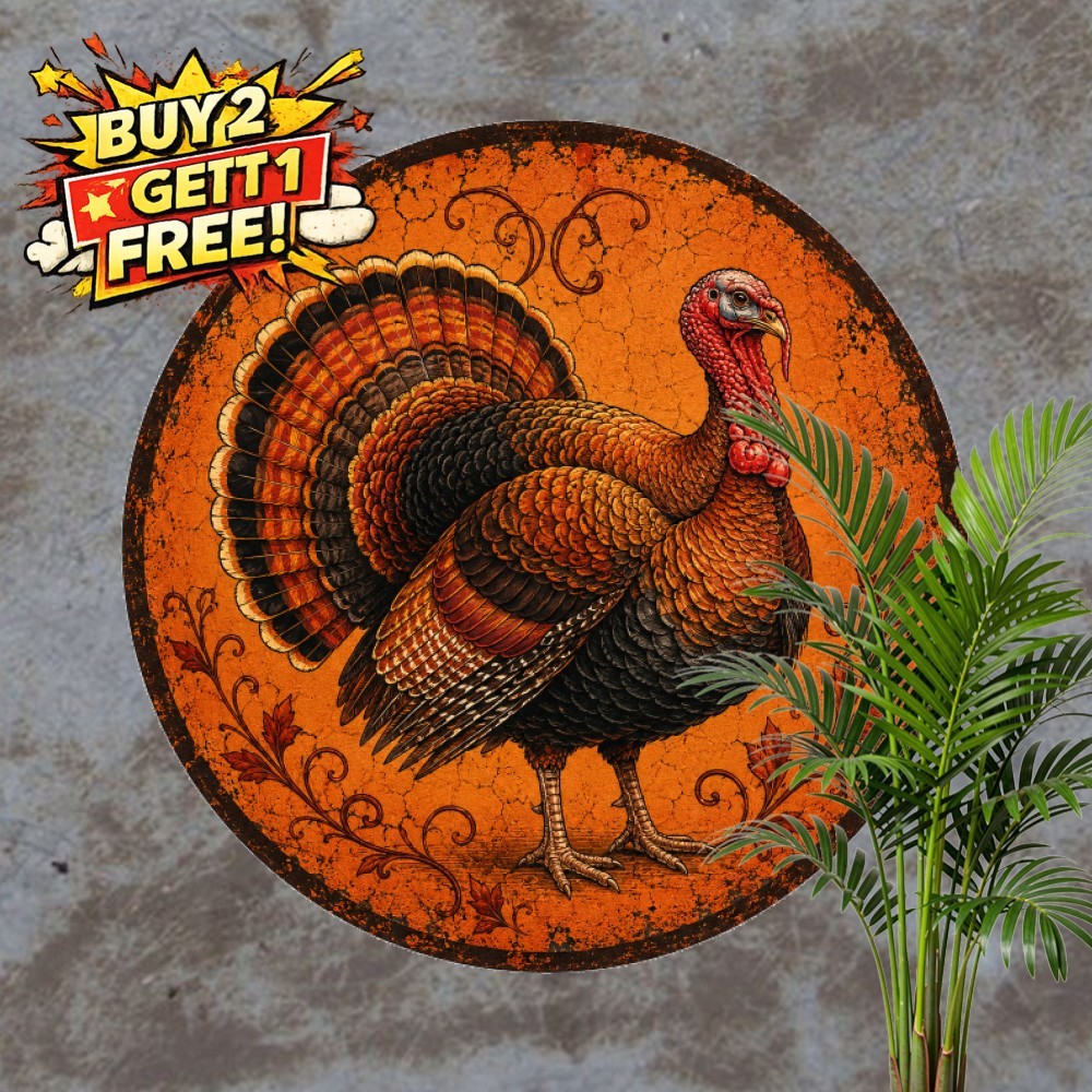 Thanksgiving Autumn Turkey Metal Sign Rustic Harvest Fall Round Tin Plaque Decor
