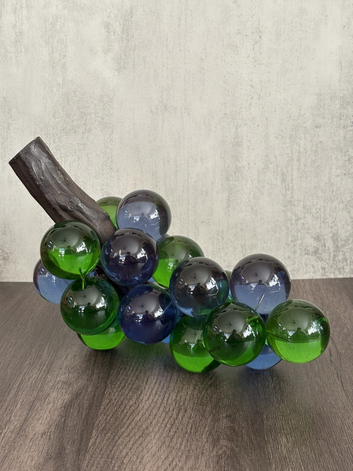Vintage MCM Large Blue & Green Acrylic Lucite Grape Cluster on Wood Stem