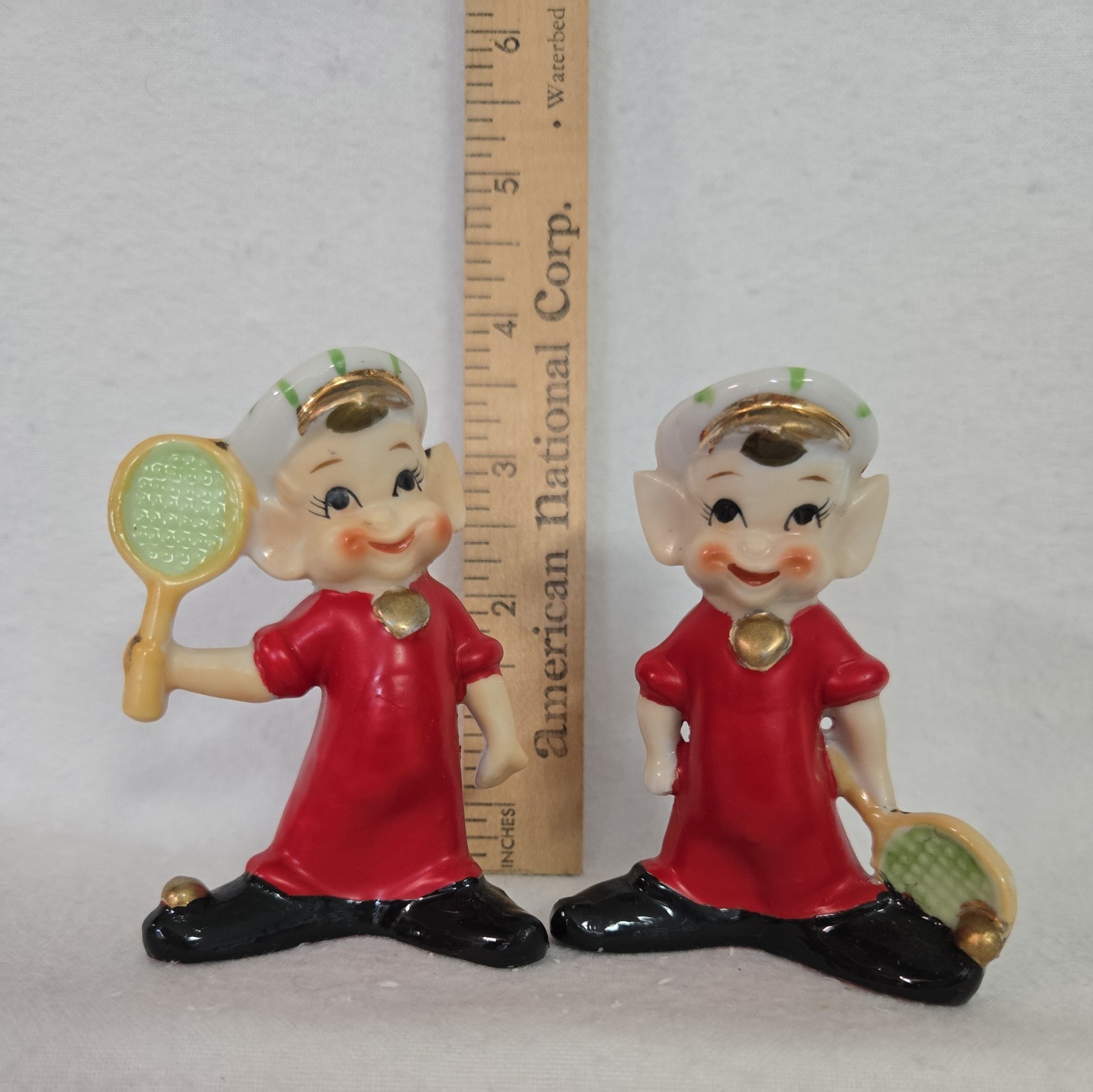 Vtg MCM Pixie Elf Tennis Player Figurines Salt & Pepper Shakers Made in Japan