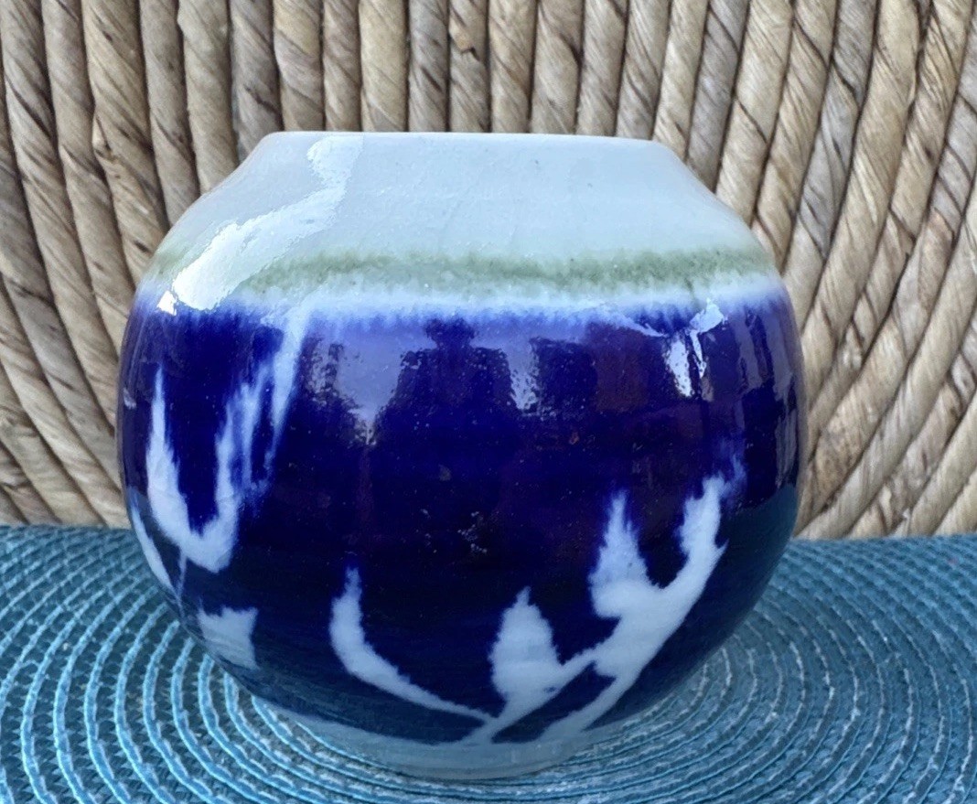 Studio Pottery Bowl Vase Cobalt Blue on Cream 5 x 3 Inchs Signed