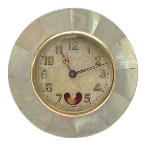 Vintage Brevet Brass Mother Of Pearl Traveling Desk Clock France Read