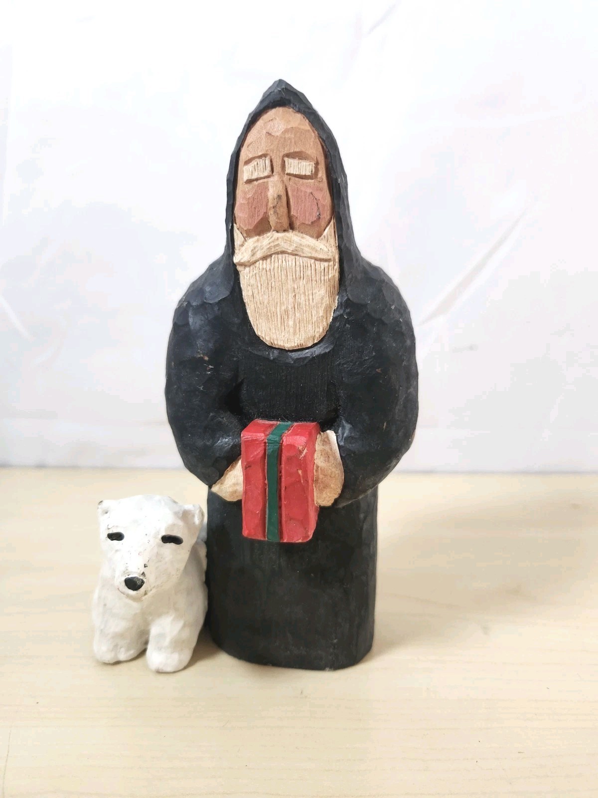 Vintage Lancy Smith Handcarved Wood Santa Figure Old World Polar Bear Present_AC