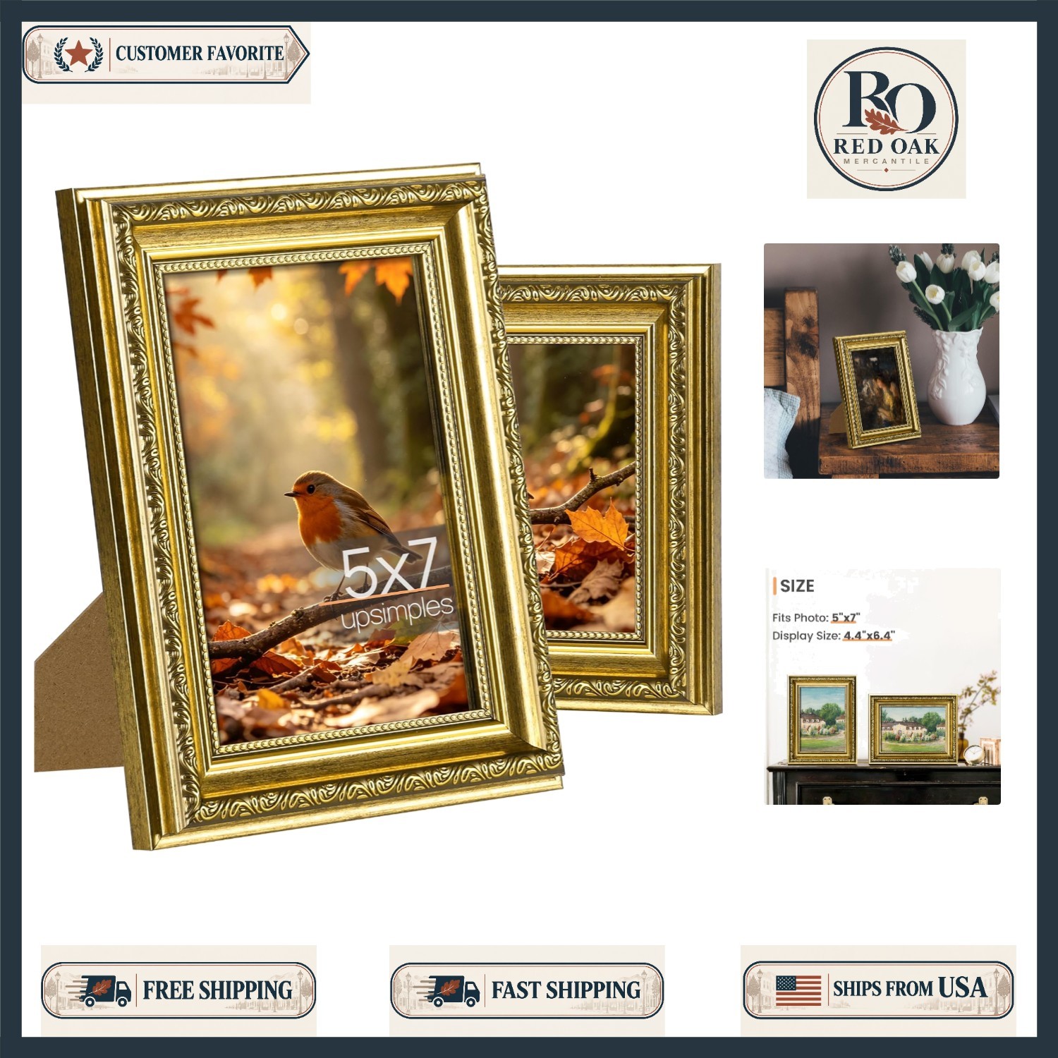 5x7 Vintage Picture Frames - Antique Gold Design for Home or Gifts, 2 Pack