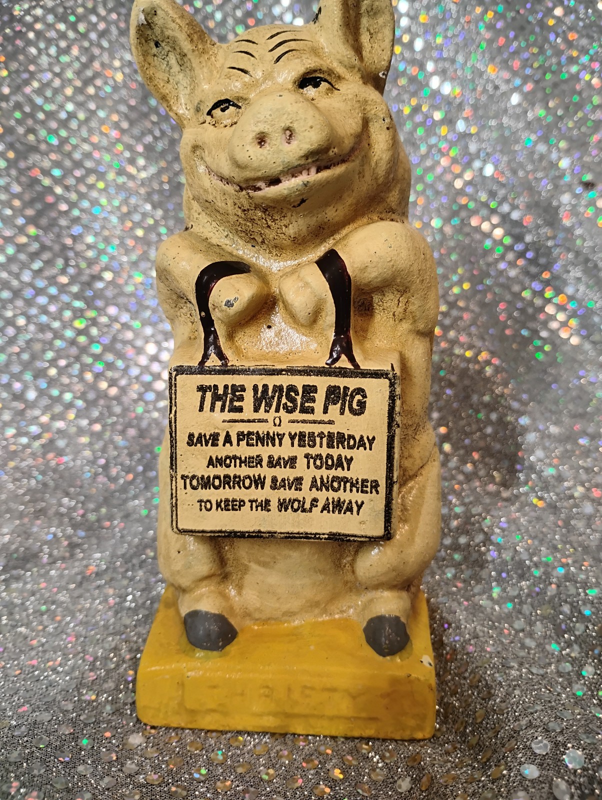 Cast Iron Thrifty Pig Coin Bank The Wise Pig Safe Painted 6 1/2\