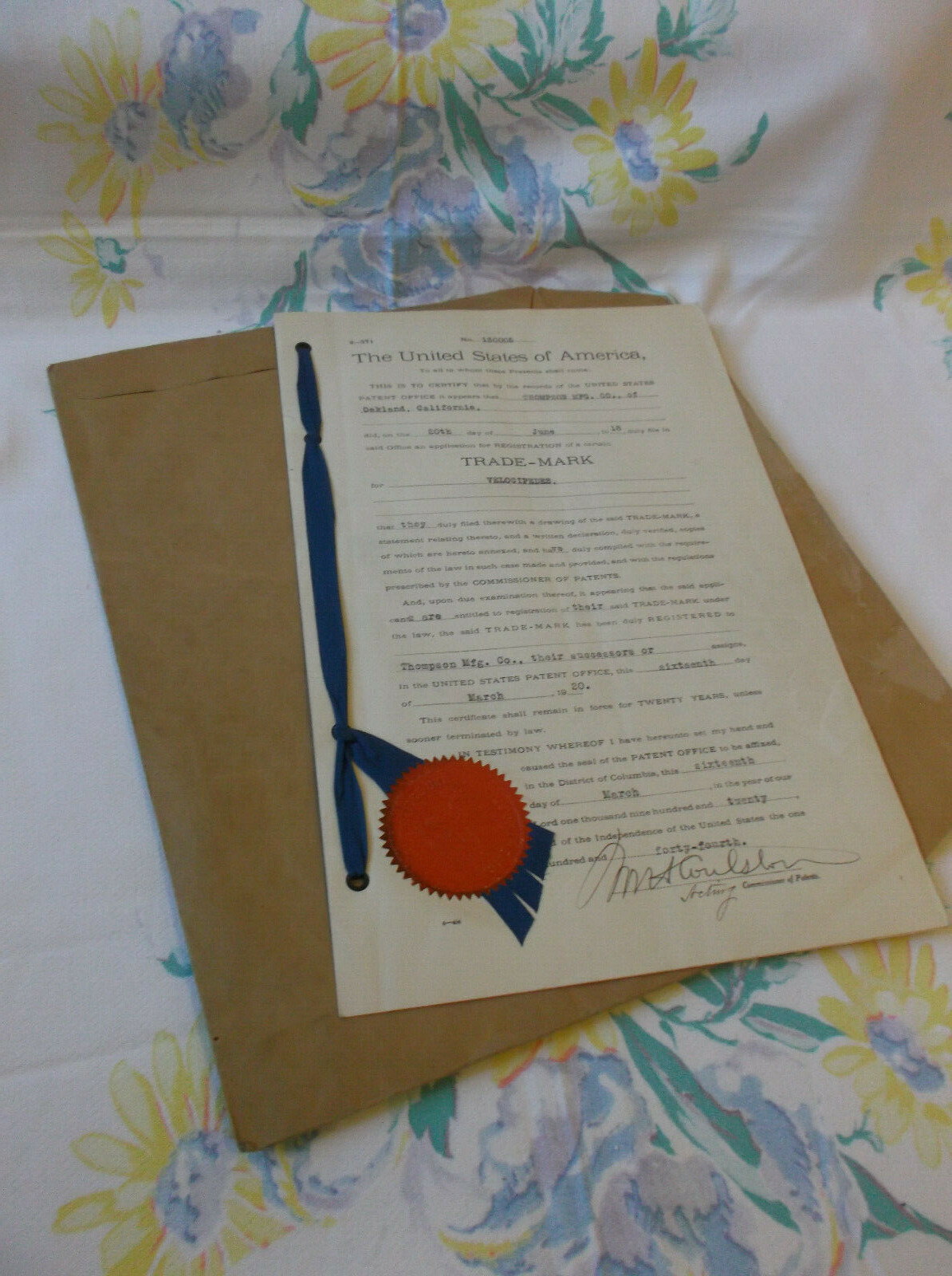 Antique 1920 US Patent Document VELOCIPEDES Trademark Thompson Mfg Co Ford