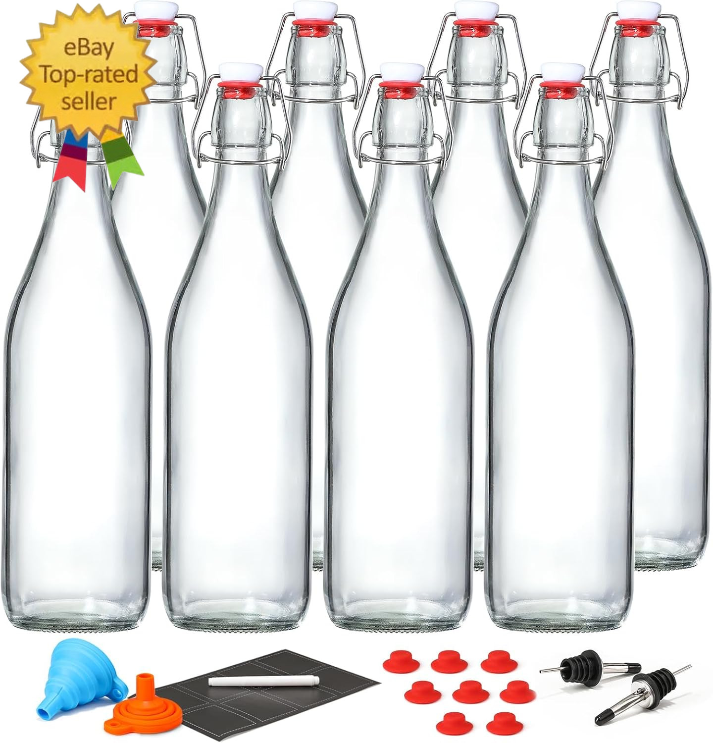 8 PACK [1 Liter/33 Fl. Oz.] Swing Top Glass Bottles W/ 2 Funnels & Pourers
