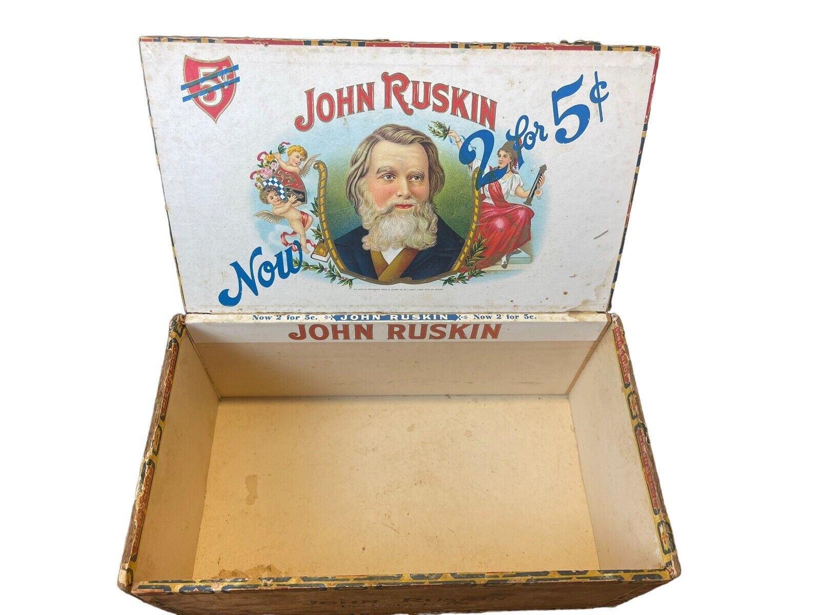 John Ruskin Best And Biggest Cigar Box 1930s Stamp I. Lewis Cigar Co Newark N.J.