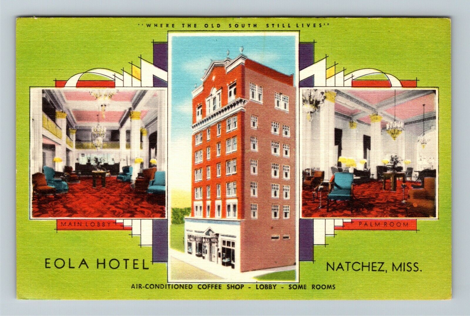 Natchez MS-Mississippi, Eola Hotel, Lobby View, Antique Vintage Postcard