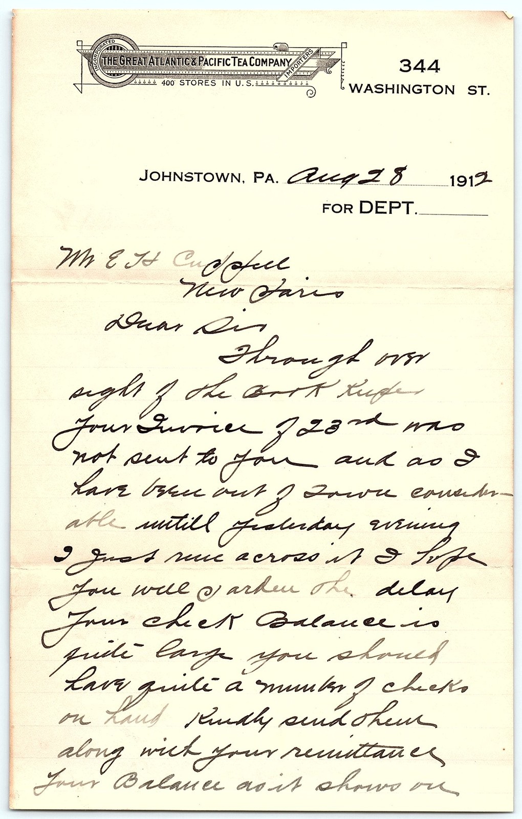 1912 A&P Tea Co. Johnstown PA Handwritten Letterhead
