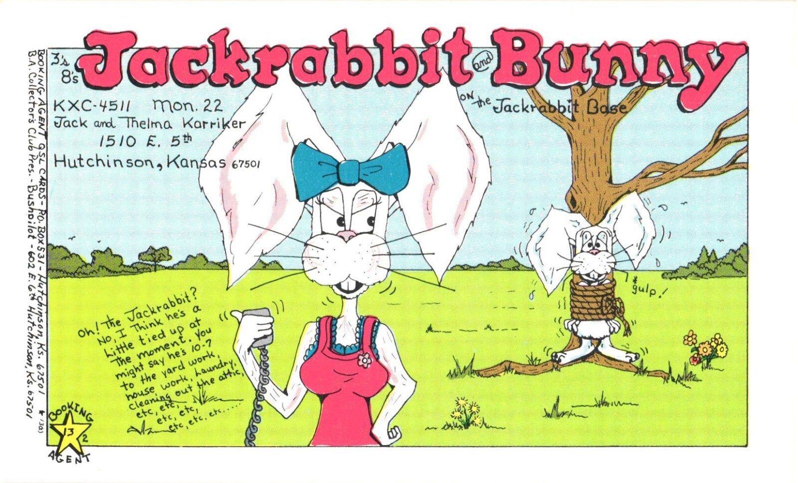 Hutchinson KS Jackrabbit Bunny CB Radio QSL Card Postcard 1970s Unused Hutchinson KS Jackrabbit Bunny CB Radio QSL Card Postcard 1970s Unused