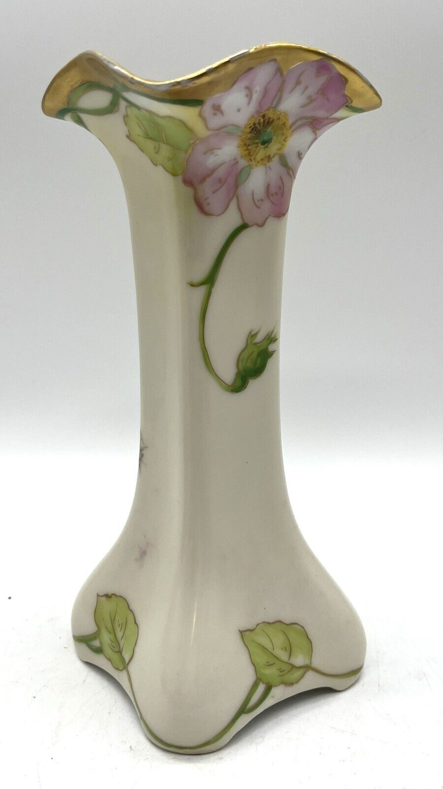 Antique 1890s A. Lanternier Limoges France Hand Painted 7.5” Vase Gold Edge EUC