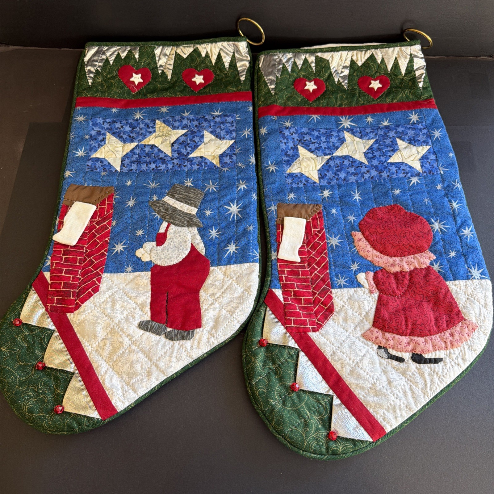 Vtg Handmade Quilted Christmas Stockings Pair 21” Sun Bonnet Sue Overall Sam
