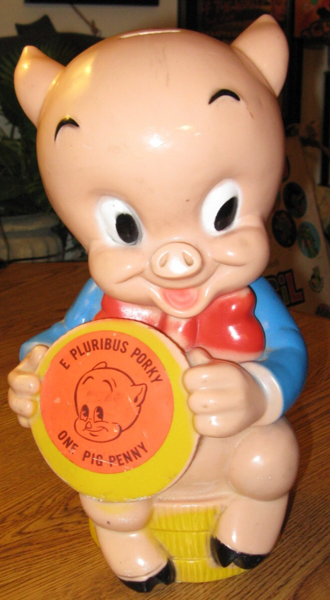 VINTAGE 1971 PORKY PIG LOONEY TUNES CARTOON CHARACTER BIG PENNY BANK w STOPPER