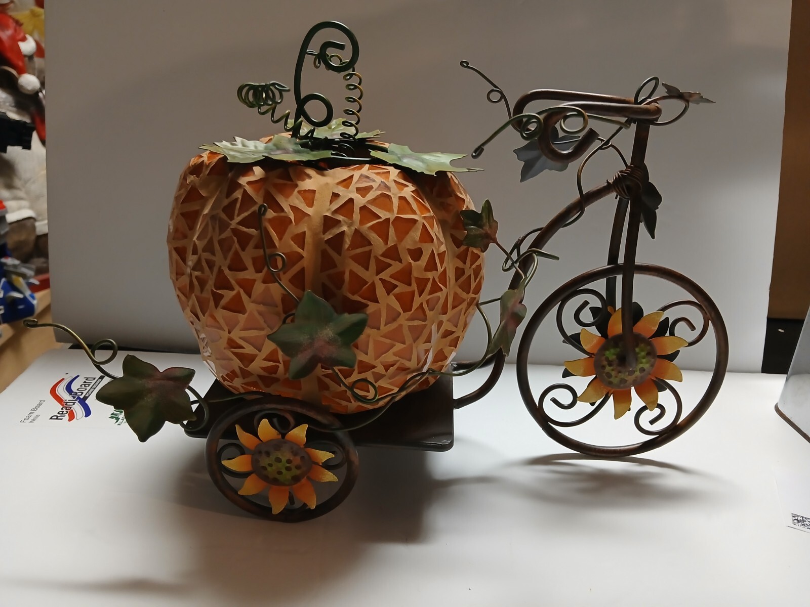 HTF Home Interior Metal Tricycle & Orange Mosaic Pumpkin w/Sunflowers Tea Light