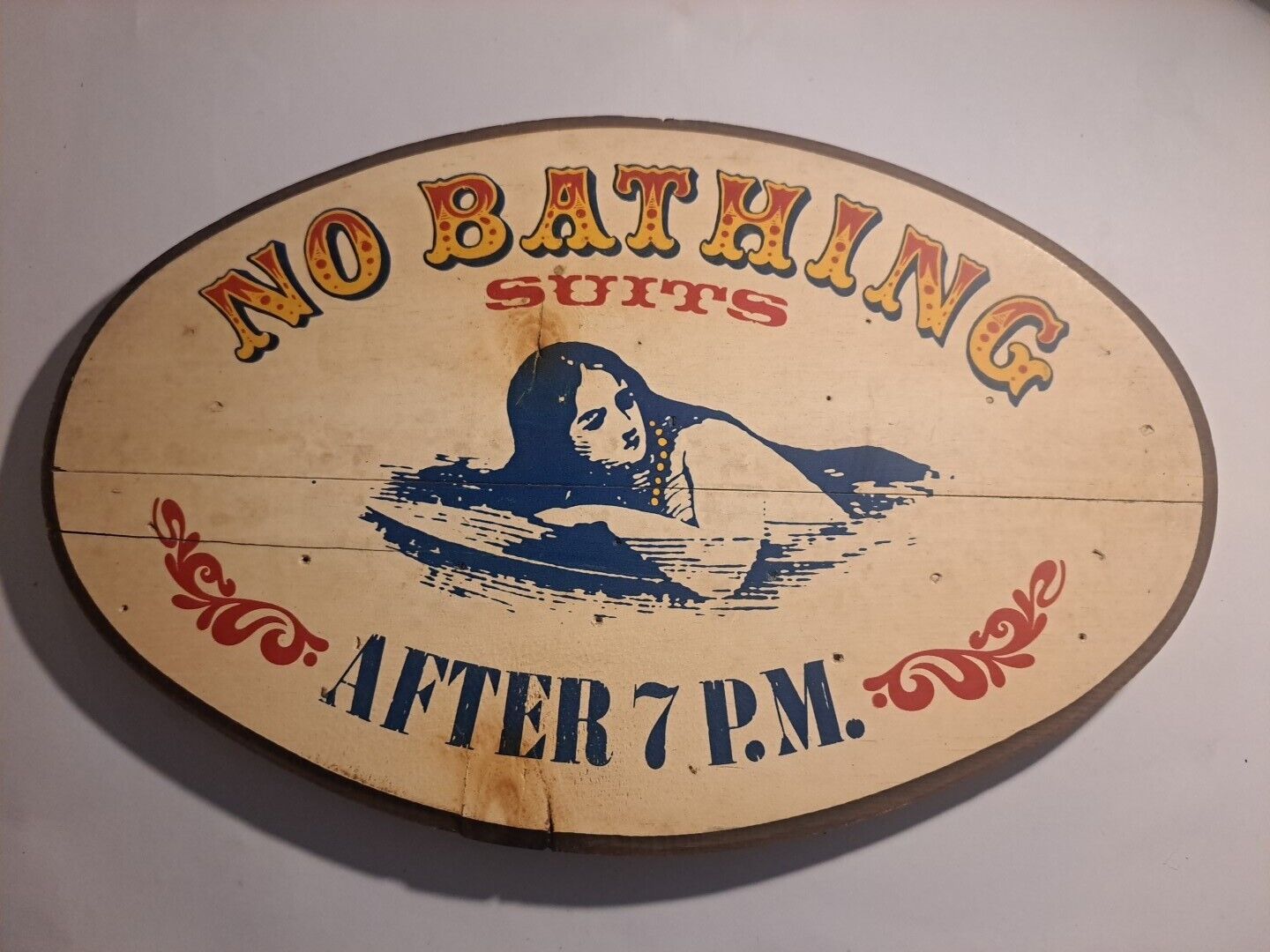 Vintage 1970 NO BATHING SUIT Folk Art Sign, Painted Wood 