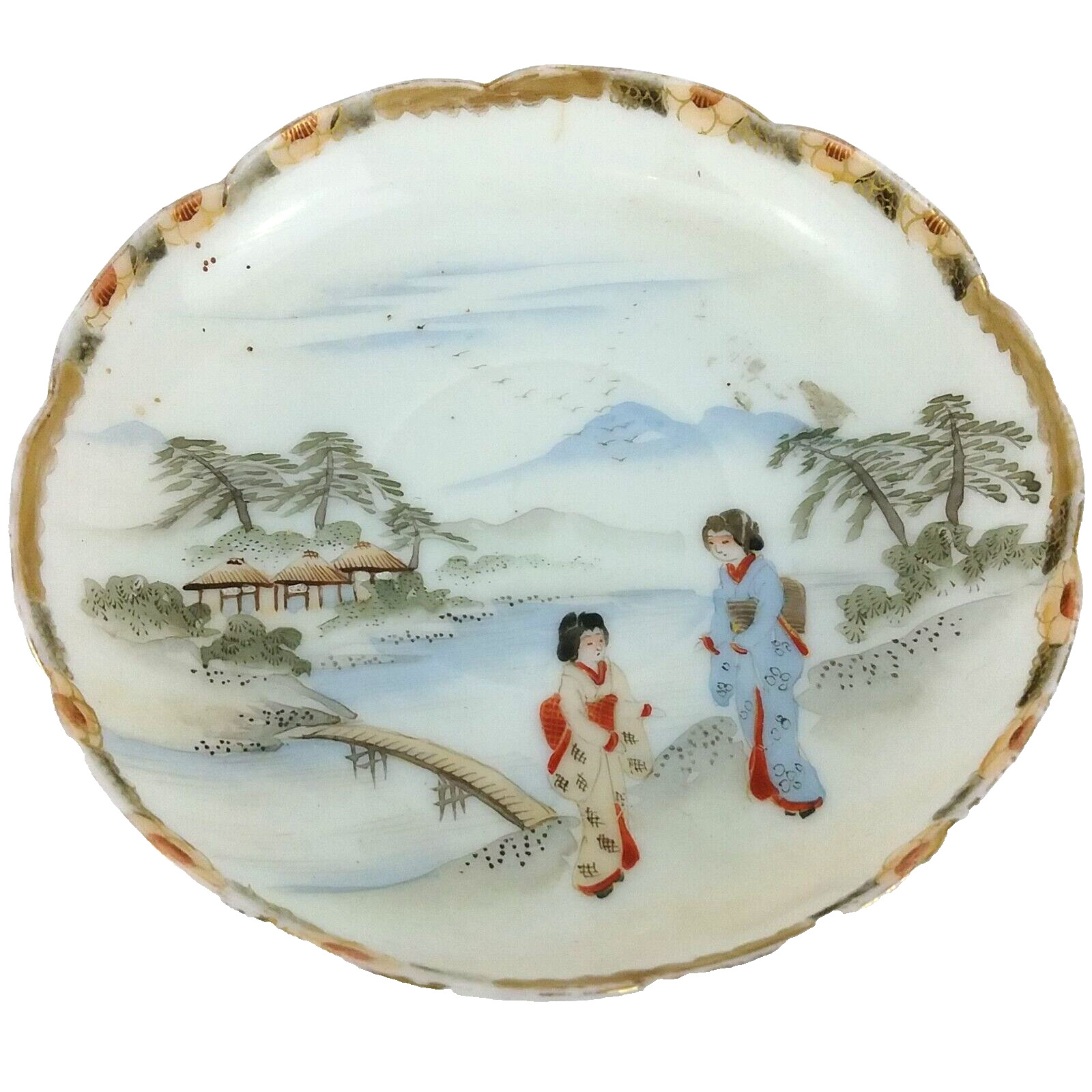 Vintage Geisha Pagoda Decorative Plate Hand Painted Curled Edges Asian Oriental