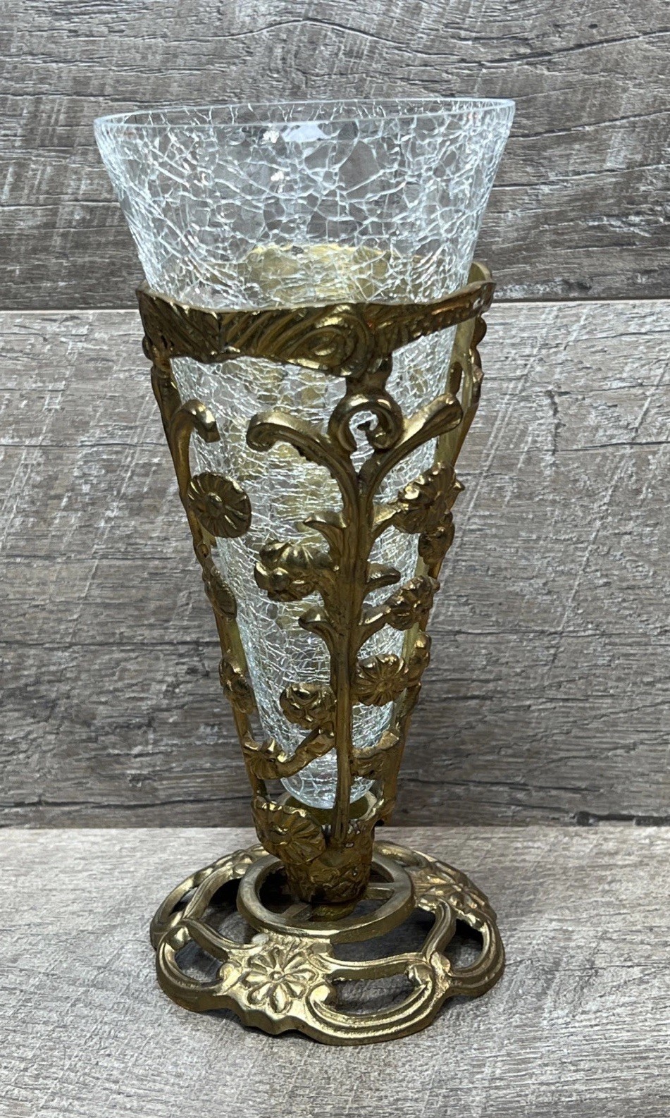 Vintage Brass Bronze Flower Victorian Shabby Chic Vase w/ Crackle Glass Insert