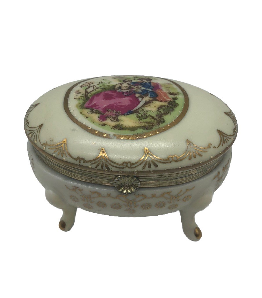 Vintage Porcelain Arnart Lidded Trinket Box Courting Scene Hand Painted Gold