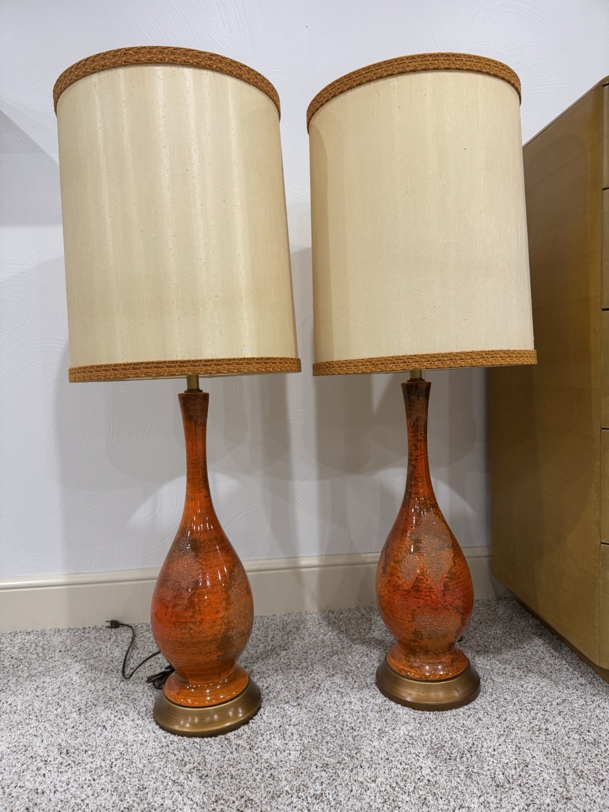 Vintage Pair Haeger Mid Century Lava Orange Drip Glaze Lamps Shades Fantastic🔥
