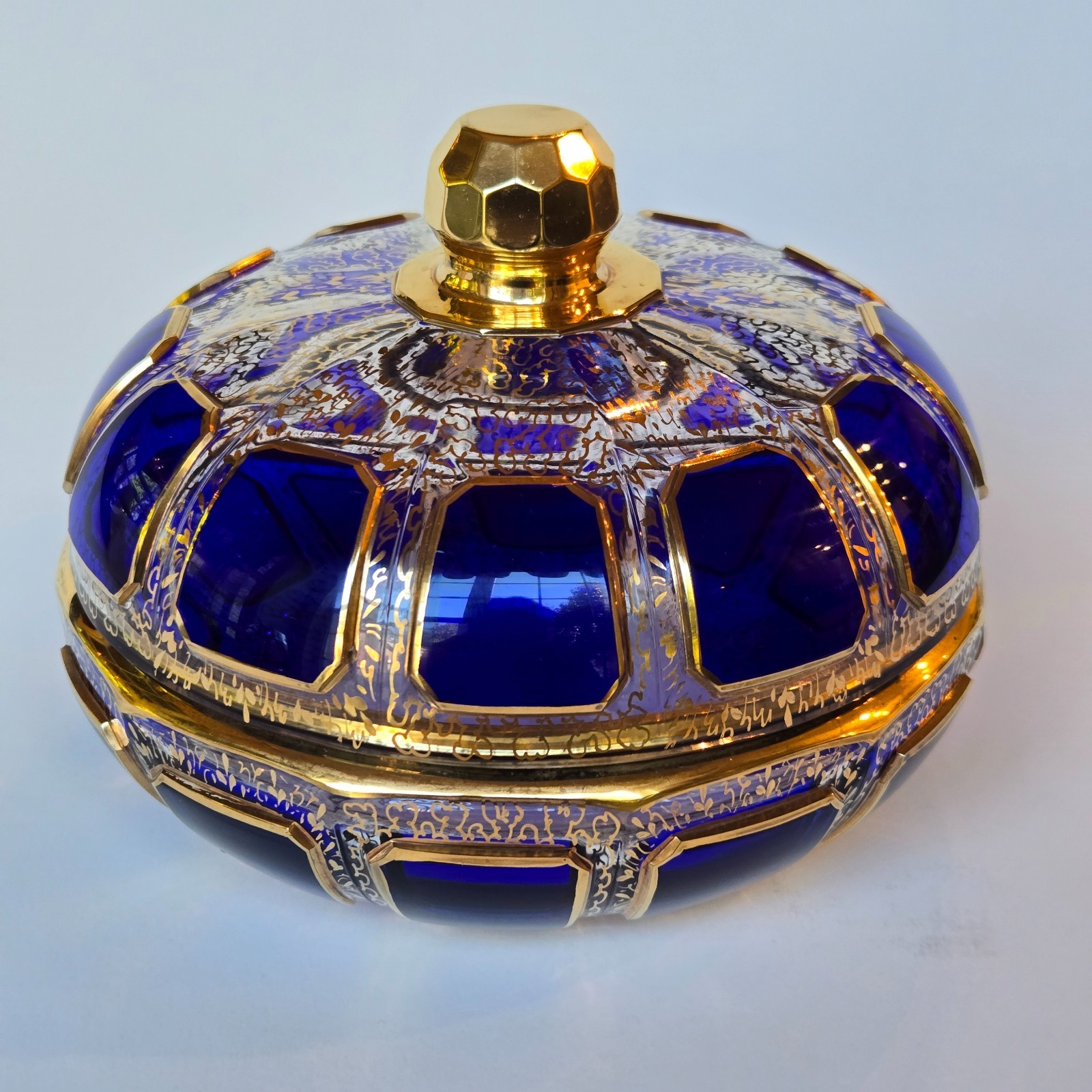 Vintage Moser Egermann Style Bohemian Cobalt Blue Cabochon Lidded Candy Box 6