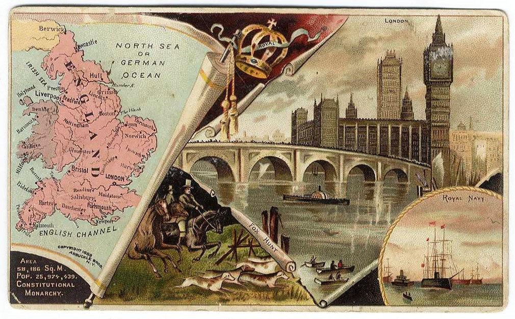 England Map ARBUCKLE\'S COFFEE 1889 Victorian Trade Card LONDON Fox Hunt NAVY