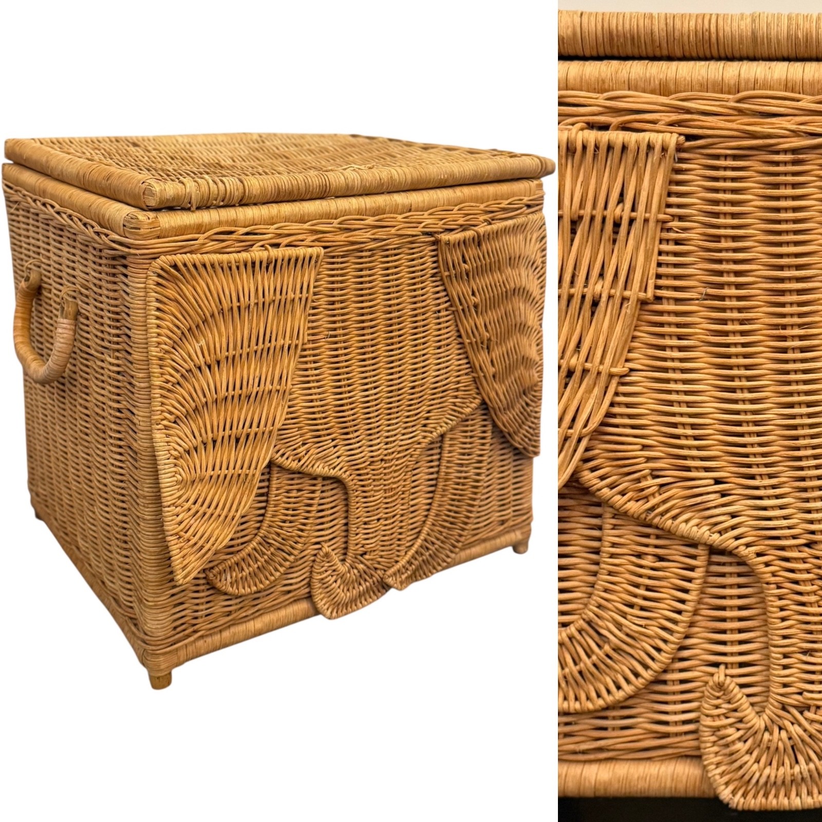 Vintage ELEPHANT WOVEN BASKET Wicker Storage MCM Hamper Rattan Hollywood Regency