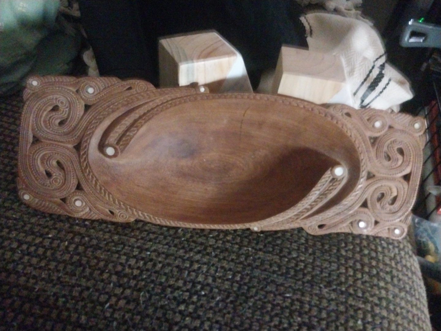 Vintage Hand Carved Wooden Fish Bowl With Mother Pearl Accent