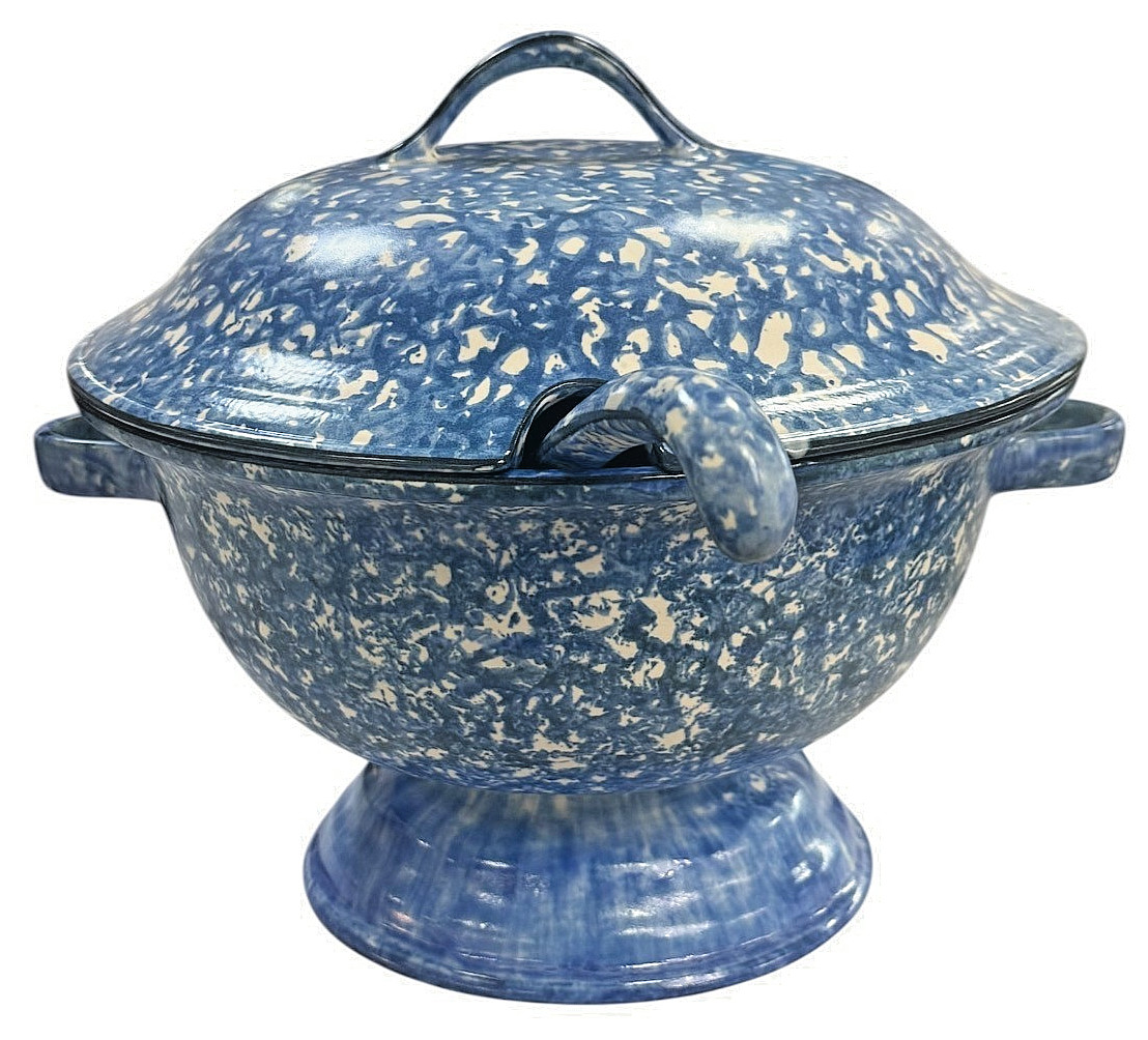 STANGL POTTERY SPONGEWARE BLUE 3-PIECE TUREEN WITH LID AND LADLE STANGL POTTERY SPONGEWARE BLUE 3-PIECE TUREEN WITH LID AND LADLE