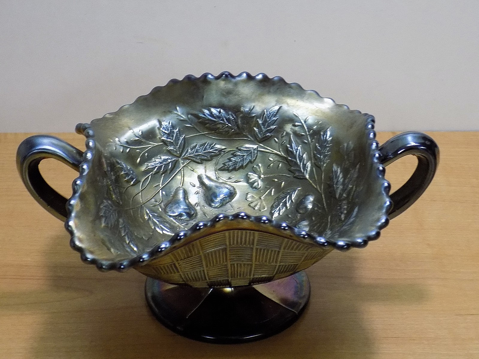NORTHWOOD Three Fruits Carnival Glass Pedestal 2-Handled BonBon Bowl