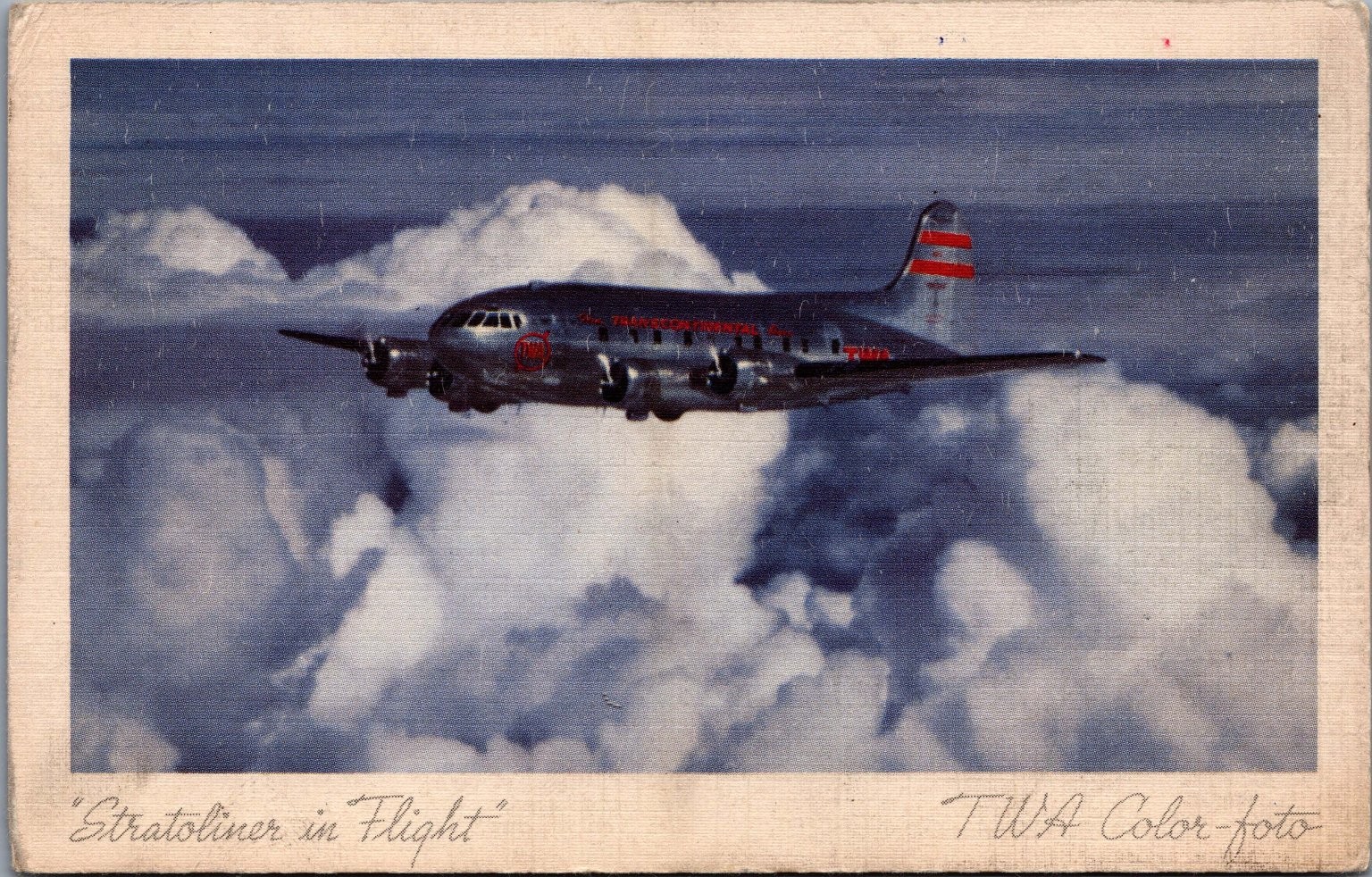 Vintage 1941 TWA Stratoliner 4-Engine Airplane in Flight Postcard LITHO