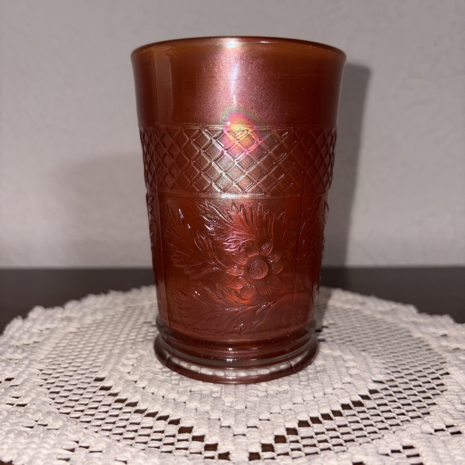 Antique Dugan Marigold Carnival Glass Tumbler - Lattice & Daisy ~ oA1-3a Antique Dugan Marigold Carnival Glass Tumbler - Lattice & Daisy ~ oA1-3a