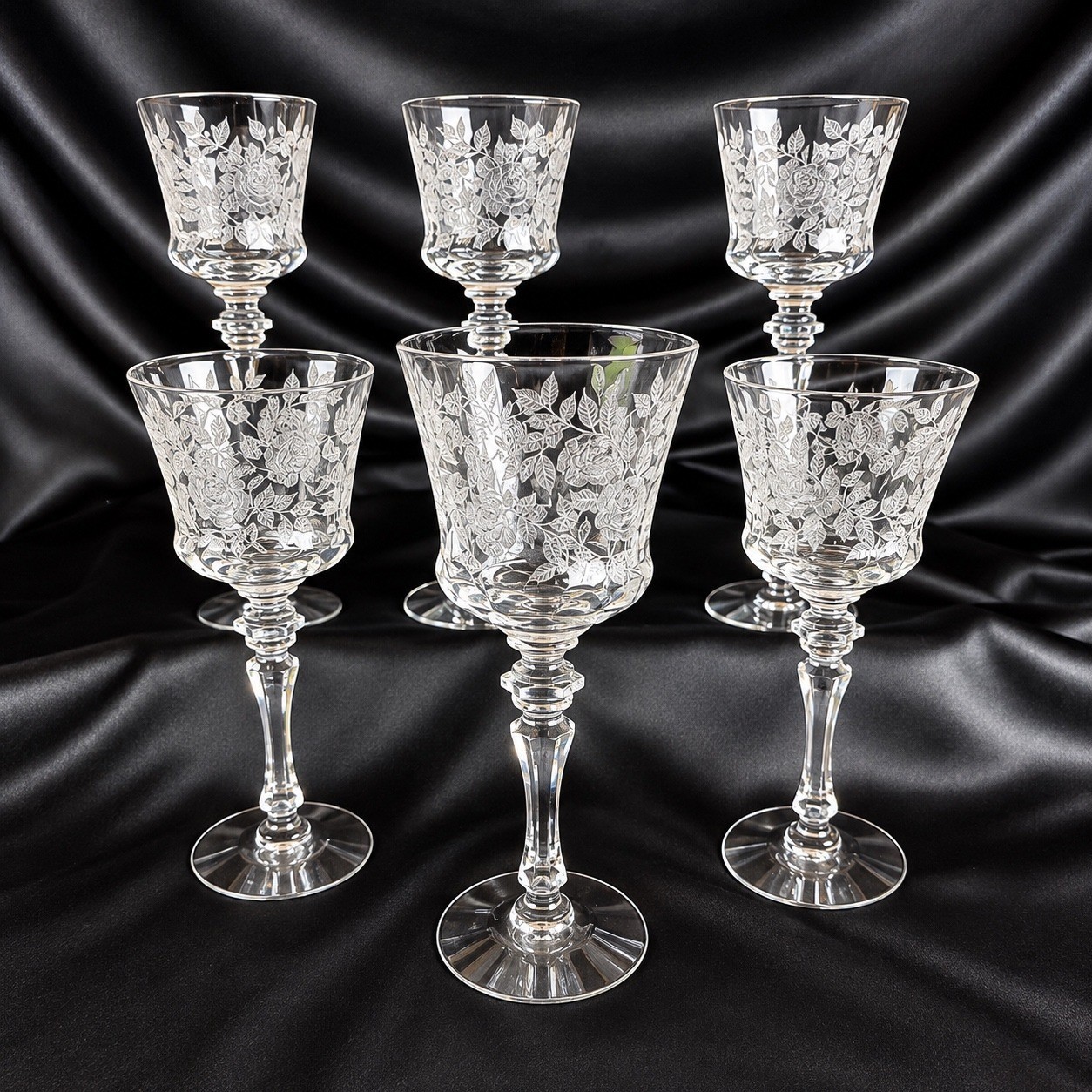 Tiffin Franciscan La Rosa Etched Floral Wine Water Goblets Set of 7 Stem 15092