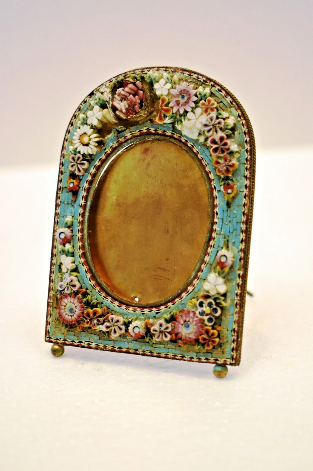 Antique Photo Holder Frame In Micro Mosaic Italy Late 19Th Century Floral Brass