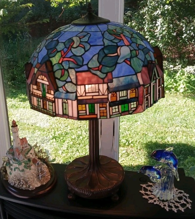Gorgeous Stained Glass Landscape Lg Chalet Table Lamp with Bronze Finish Base