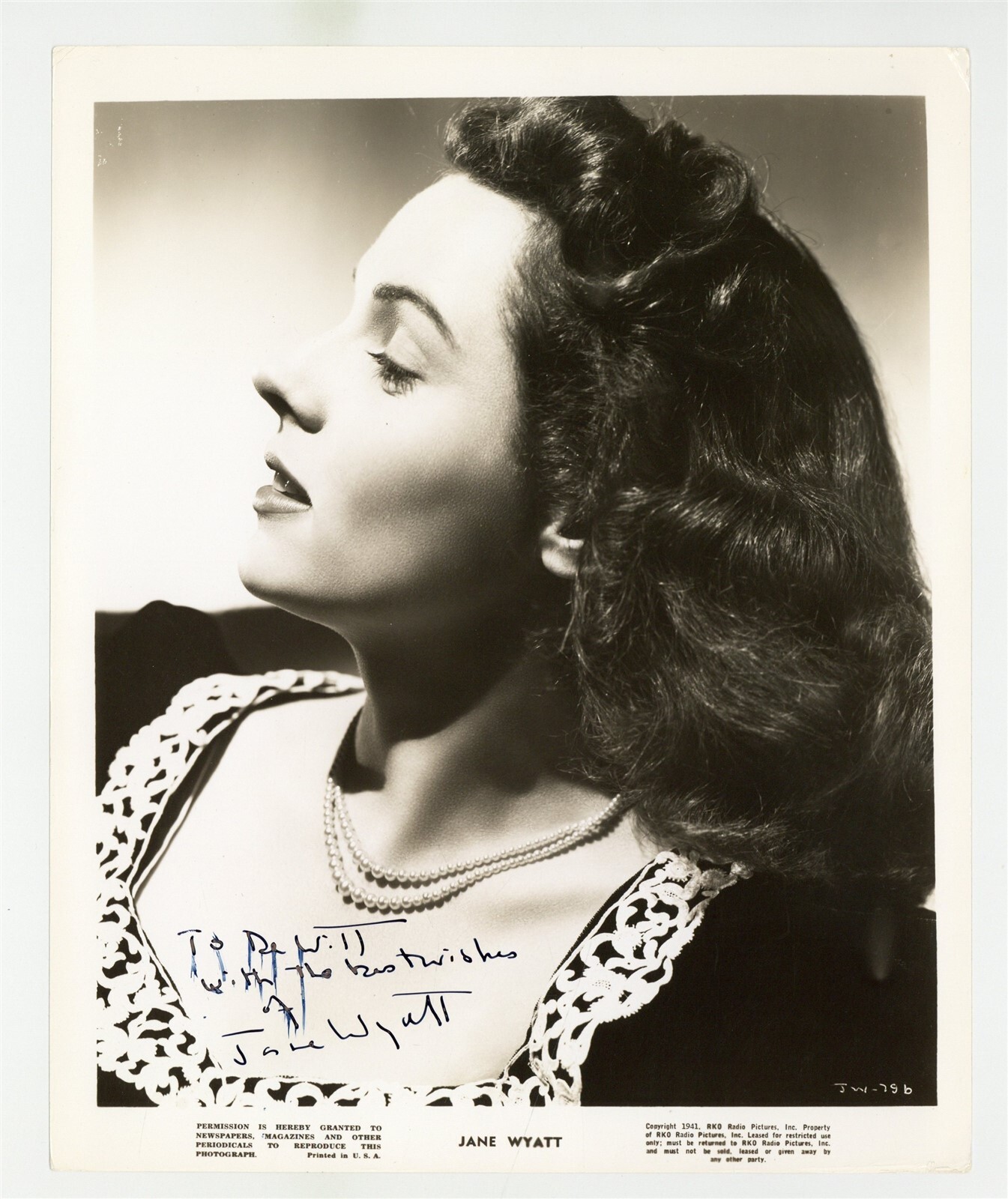 Jane Wyatt Hand Signed w/Inscription Portrait Photo 1941 RKO Pictures Actress 