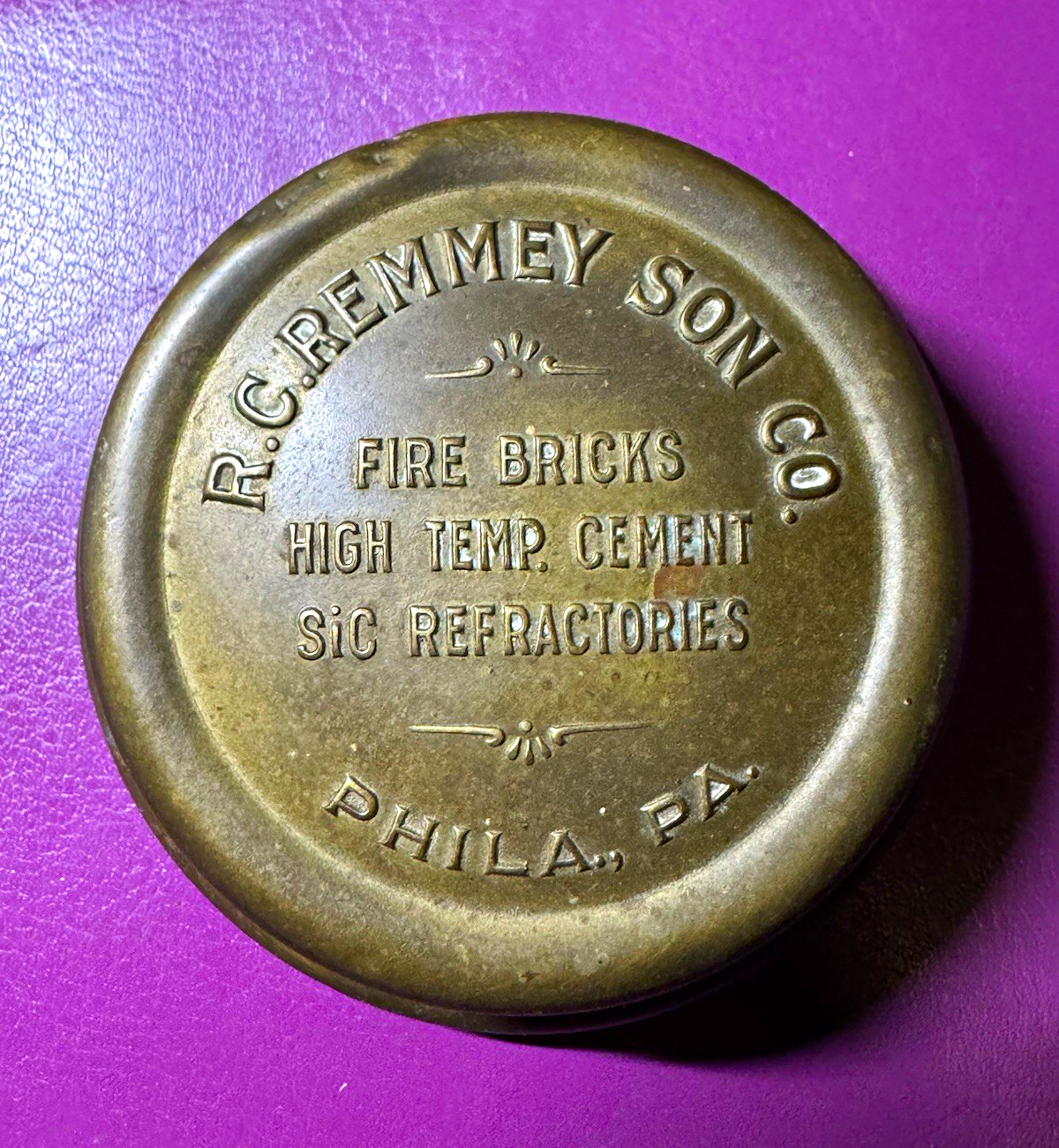 R.C. Remmey Son Co. Rare Vintage Brass Advertising Paperweight Phila PA