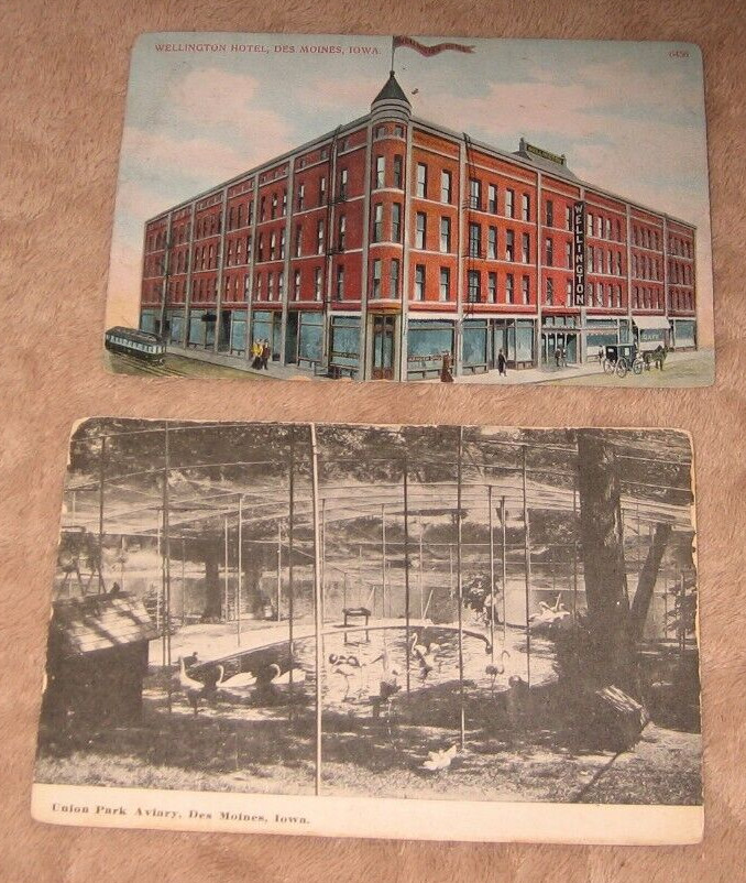 Des Moines Iowa IA c 1910 Postcards Wellington Hotel & Union Park Bird Aviary