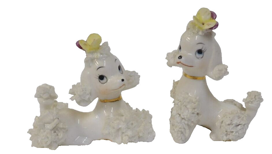 Pair Vintage Bone China Spaghetti Poodle Dogs with Pansy on Head Figurine