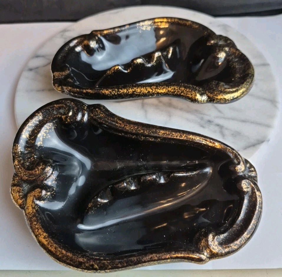 Pair Vtg MCM Weeping Ceramic Ashtrays USA Made Black Gold 22K Splatter Regency