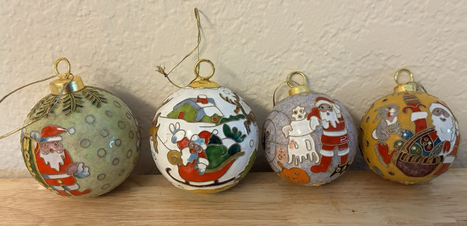 Set of 4 Vintage Cloisonné Enamel Metal Christmas Ornaments