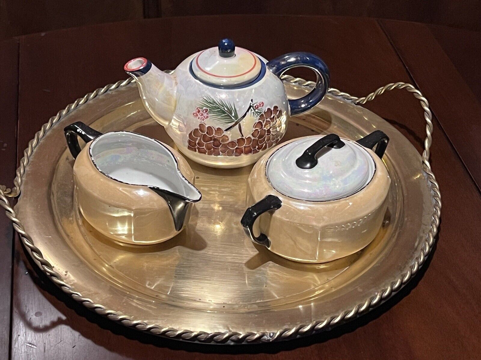 JB&W NY Bavaria Antique Phoenix Lusterware Set: Teapot, Creamer & Sugar Bowl