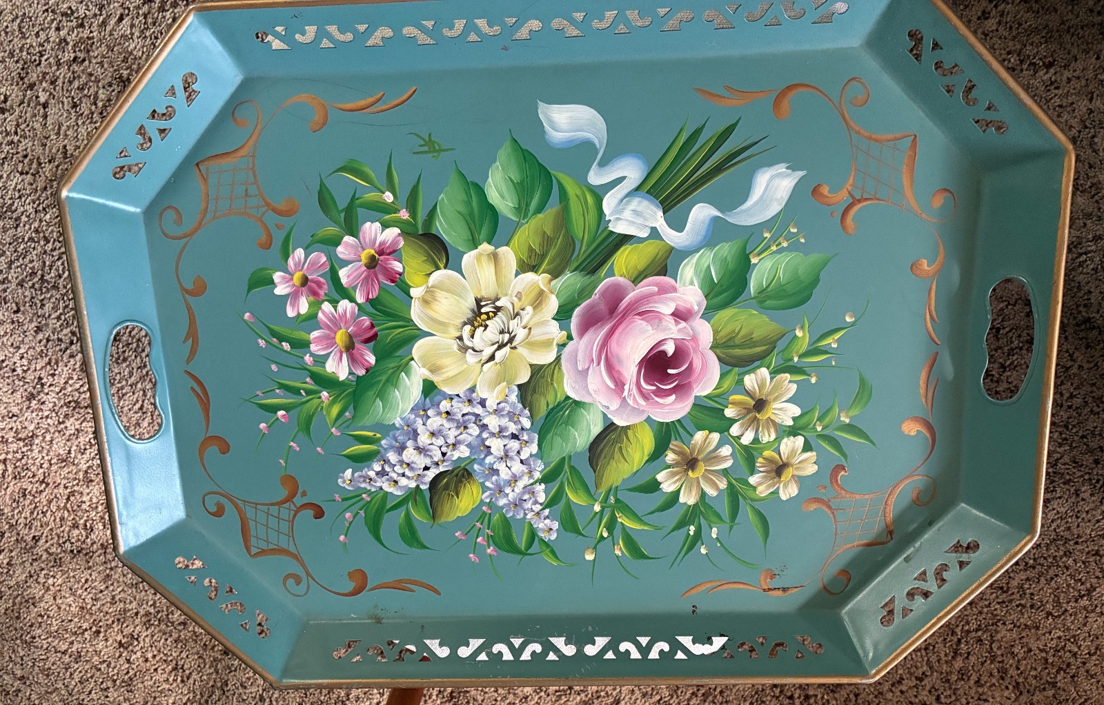 VTG Hand Painted Floral Serving Tole Tray Aqua  Cottage Core 22\