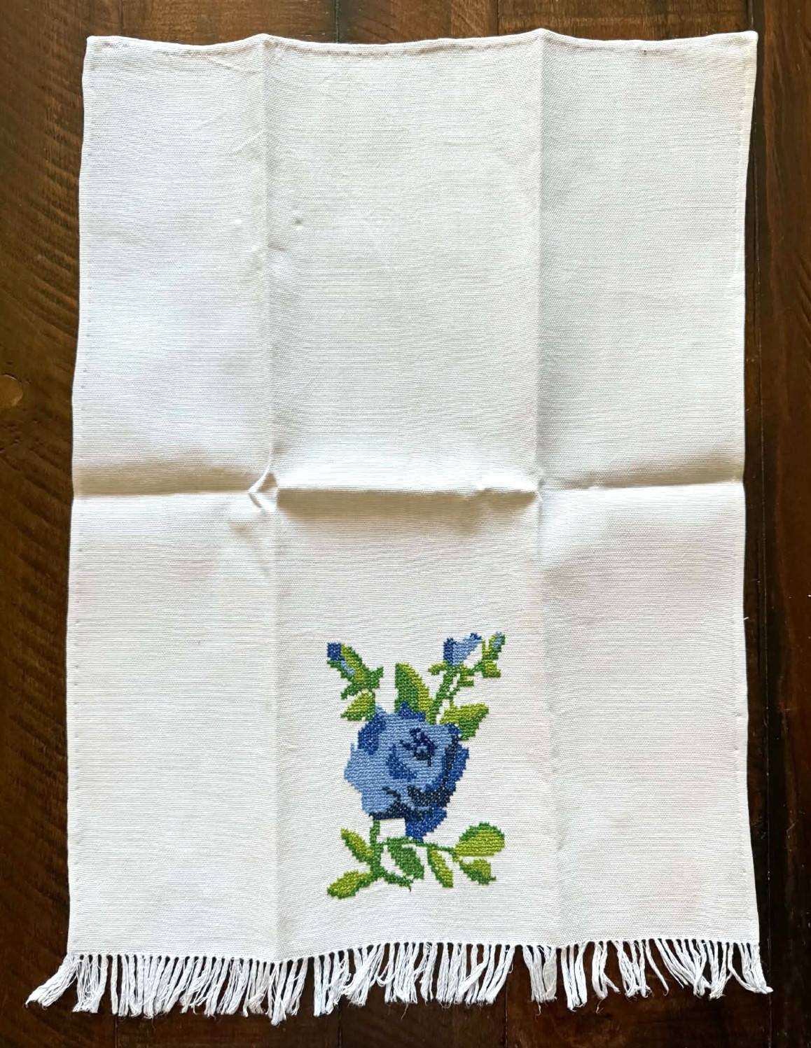 Embroidered Guest Towel Linen Placemat Cross Stitch Blue Rose Fringe 18x13 VTG