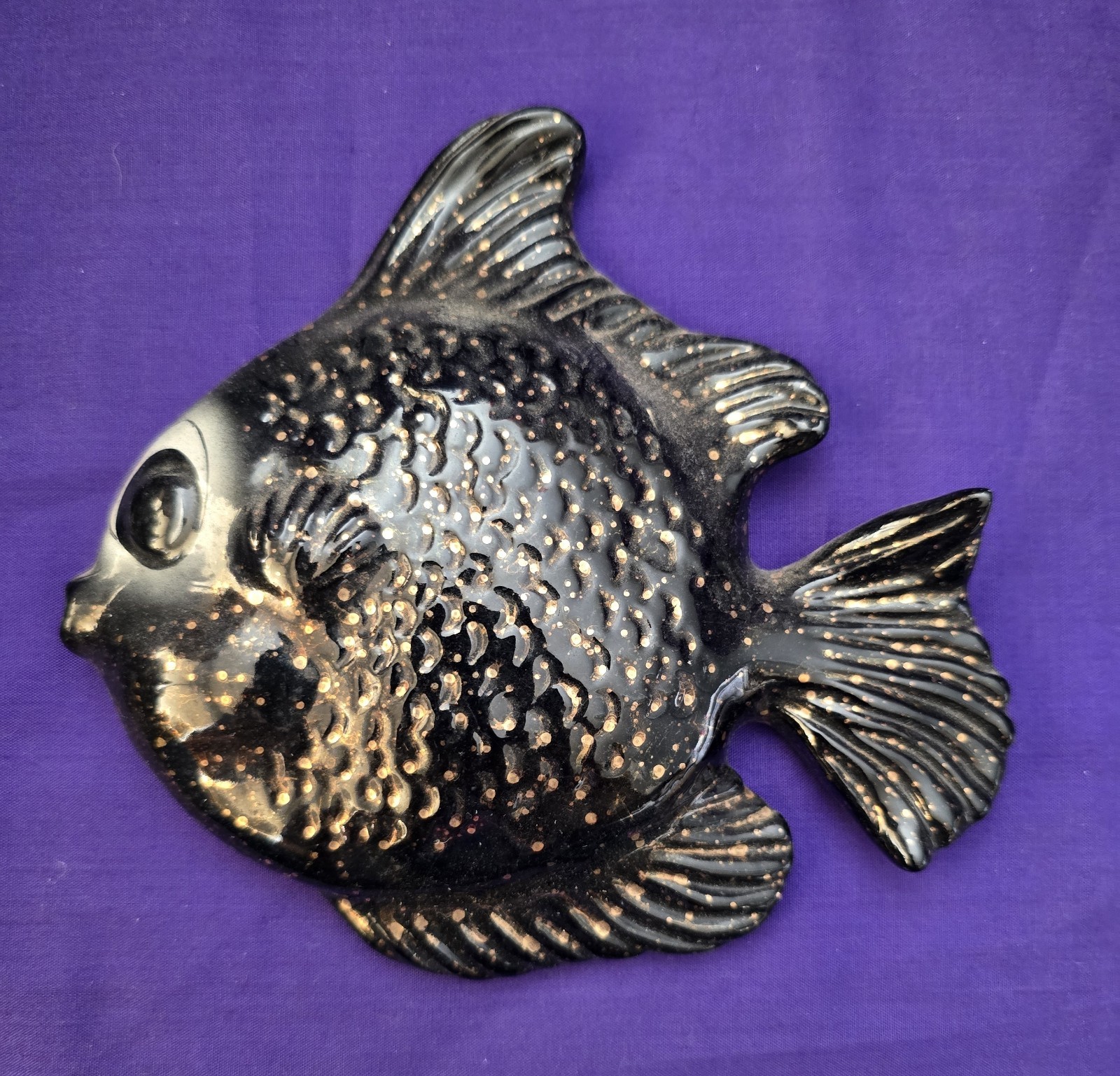 Vintage Ceramicraft California Black Gold Speckled Fish Wall Plaque MCM Decor