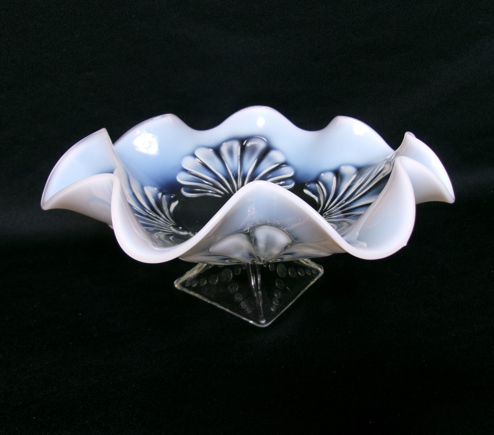 Gorgeous Ruffled Edge Vintage Moonstone Opalescent Glass Pedestal Dish Bowl