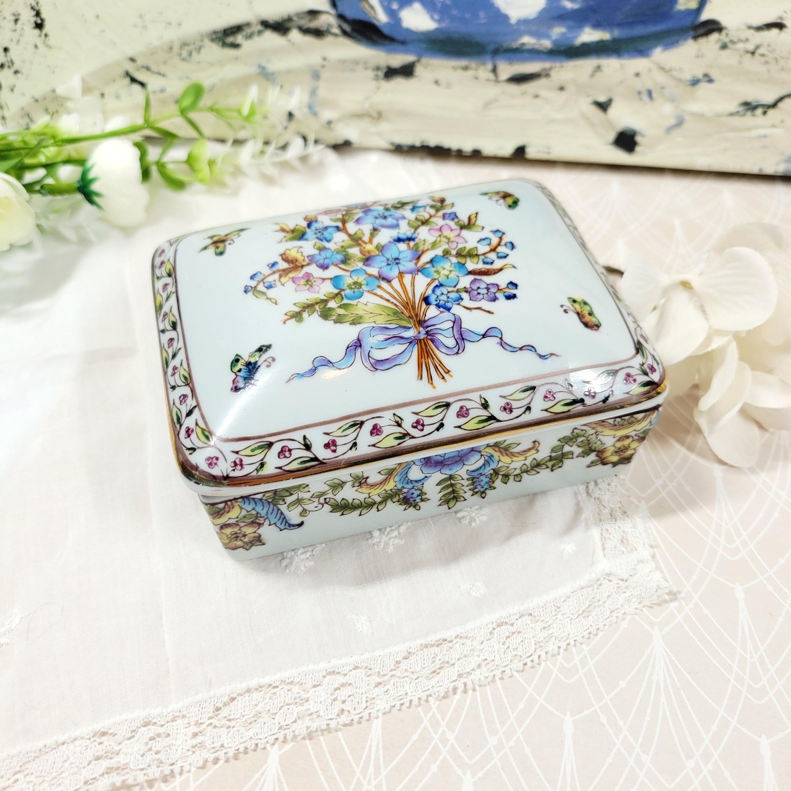 Adele Carey Hand Painted Porcelain Trinket Box Vintage Floral Butterfly