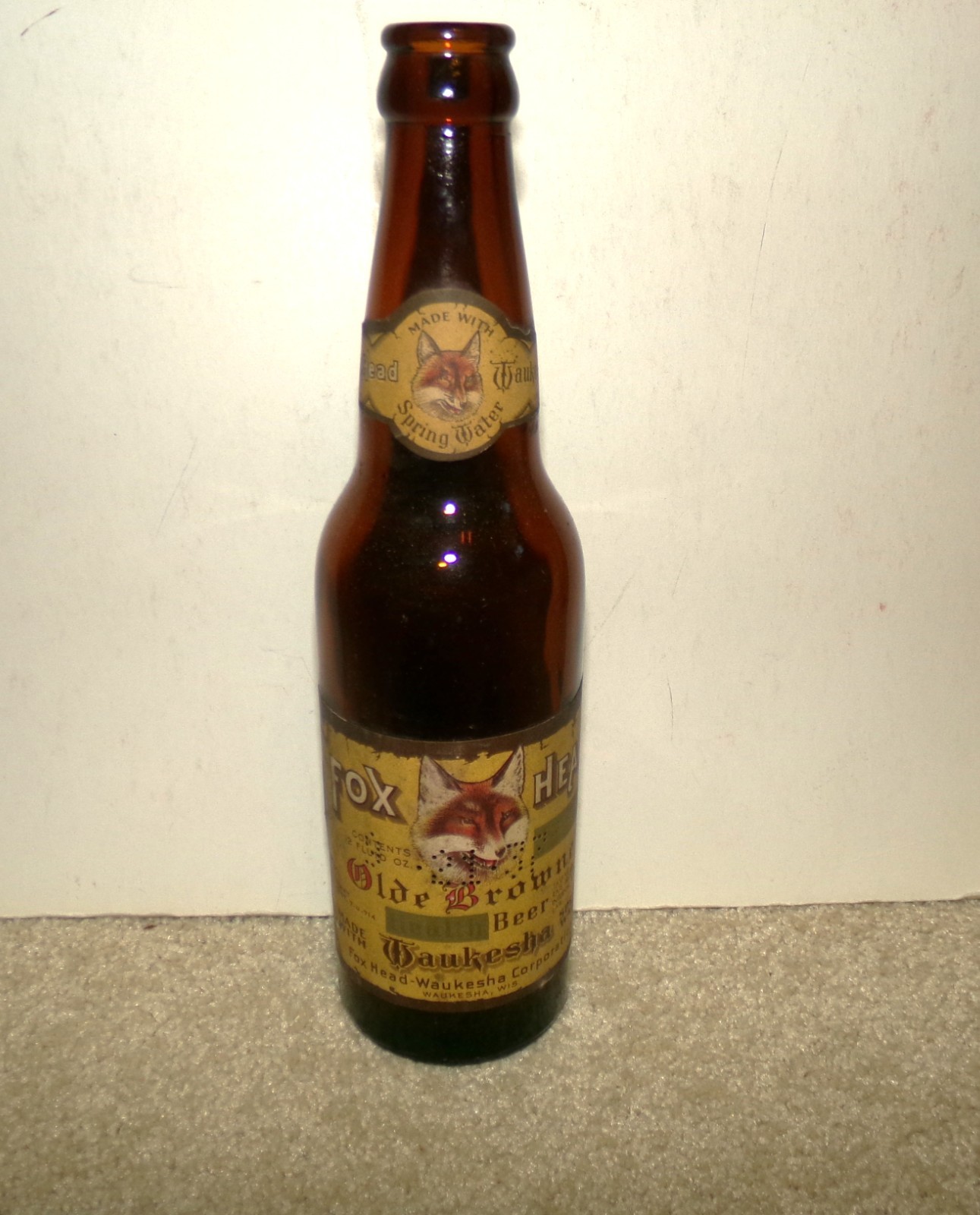 1930\'s FOX HEAD OLDE BROWNE beer IRTP 12 oz bottle WAUKESHA WISCONSIN