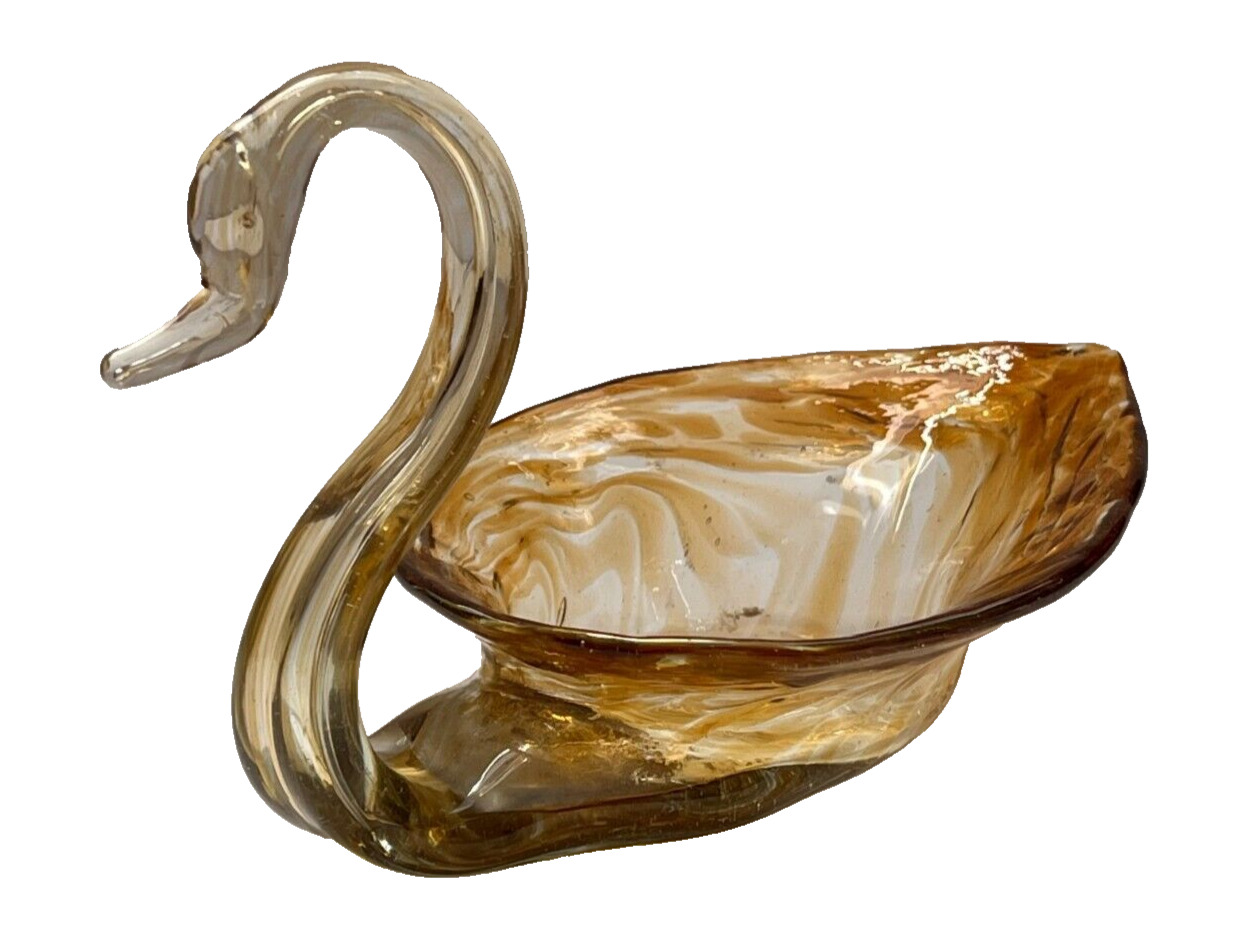 Vtg Hand Blown Amber Art Glass Swan Trinket/Candy Dish, Mid Century Modern Decor